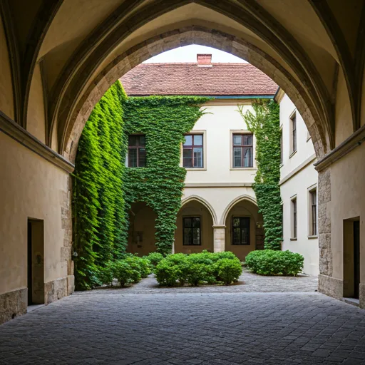Historischer Innenhof einer Grazer Universität mit Steinbögen und Efeu.