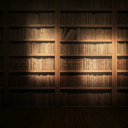 Klassische Bibliothek mit alten Bucheinbänden und Sonnenstrahlen zwischen den Regalen.