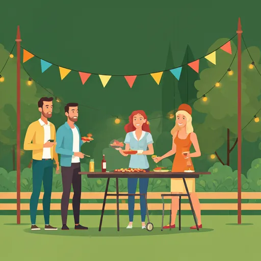 Sommerabend mit Freunden im Garten unter Lichterketten.